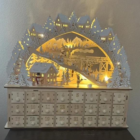 NEW Ridgefield Home Christmas Trees Advent Calendar House Wood Led Kids Skiing - Picture 1 of 3